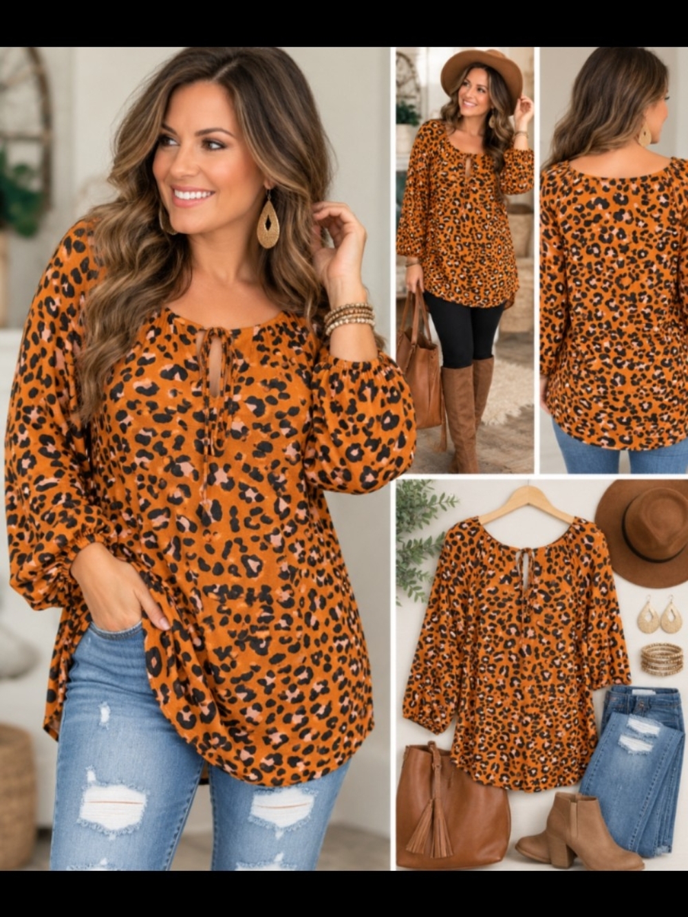 LuLaRoe Rust Orange Leopard Print Peasant Tunic Top Tie Neck (104)